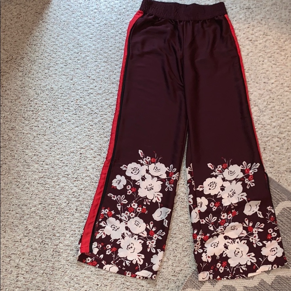 Maroon + Floral Satin Loose Pants